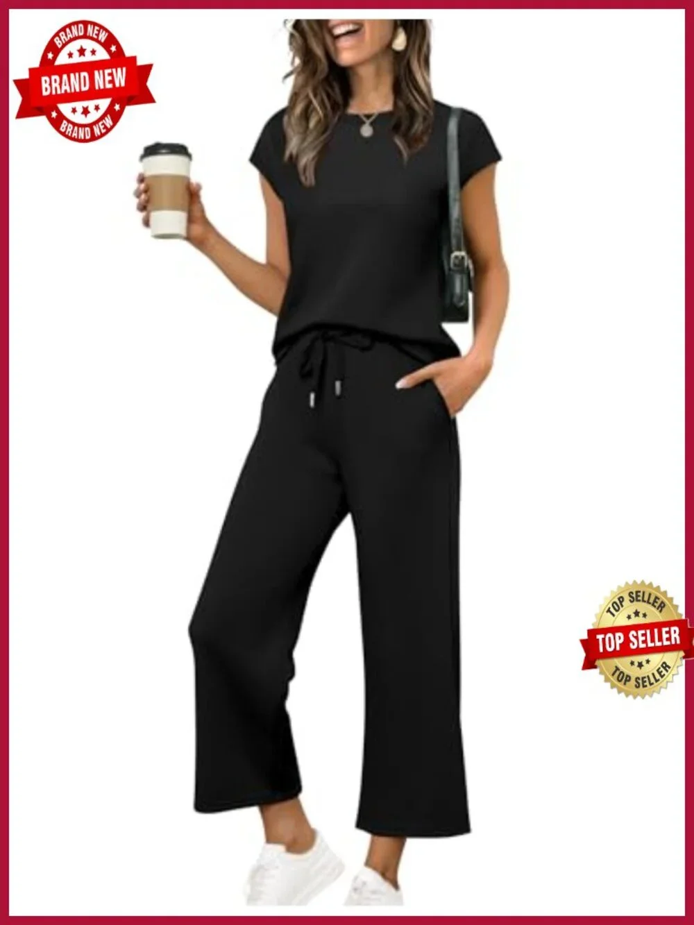 Women's 2-Piece Lounge Set Cap Sleeve Wide Leg Crop Pants Vacation Outfit